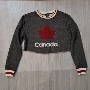 So Nice Size S Canada Maple Leaf Henley Grey Cropped Sweatshirt Casual Lounge